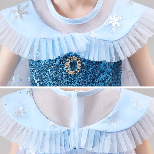 costume de film Frozen Bleu Ciel Robe Ceremonie Fille Avec Châle 2020 Robe Boule Transparentes Encolure Dégagée Sans Manches Paillettes Faux Diamant Longueur Cheville Volants
