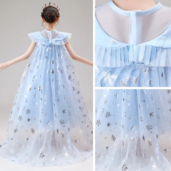 costume de film Frozen Bleu Ciel Robe Ceremonie Fille Avec Châle 2020 Robe Boule Transparentes Encolure Dégagée Sans Manches Paillettes Faux Diamant Longueur Cheville Volants