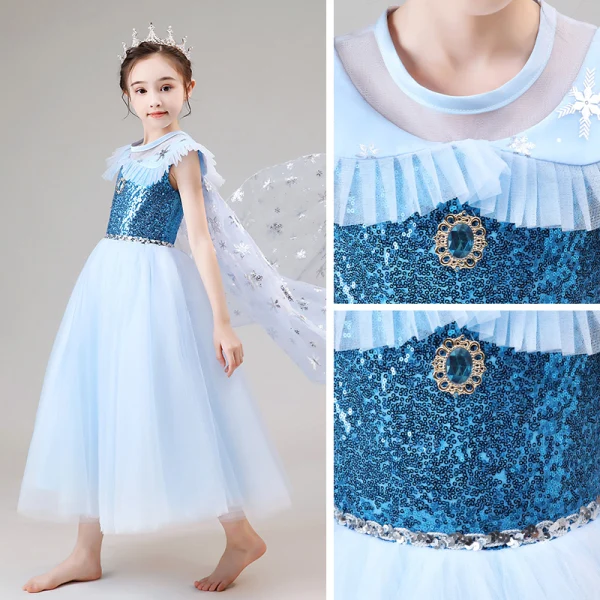 costume de film Frozen Bleu Ciel Robe Ceremonie Fille Avec Châle 2020 Robe Boule Transparentes Encolure Dégagée Sans Manches Paillettes Faux Diamant Longueur Cheville Volants