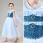 costume de film Frozen Bleu Ciel Robe Ceremonie Fille Avec Châle 2020 Robe Boule Transparentes Encolure Dégagée Sans Manches Paillettes Faux Diamant Longueur Cheville Volants