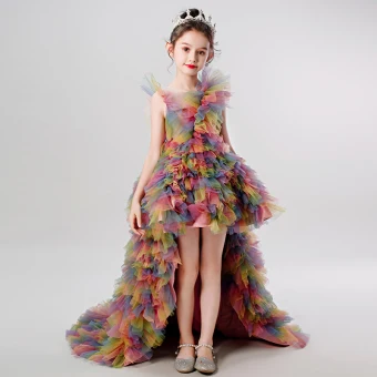 Rainbow Multi Colors Birthday Flower Girl Dresses 2020 Ball Gown Scoop Neck Sleeveless Asymmetrical Cascading Ruffles
