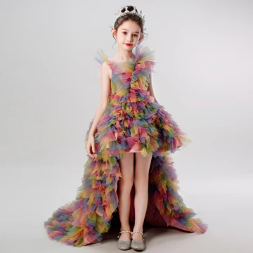 Rainbow Multi Colors Birthday Flower Girl Dresses 2020 Ball Gown Scoop Neck Sleeveless Asymmetrical Cascading Ruffles