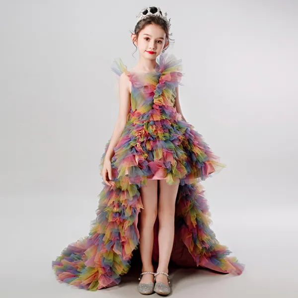 Arco iris Multi-Colors Cumpleaños Vestidos para niñas 2020 Ball Gown Scoop Escote Sin Mangas Asimétrico Volantes En Cascada
