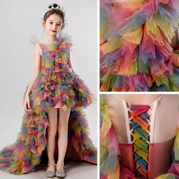 Rainbow Multi-Colors Birthday Flower Girl Dresses 2020 Ball Gown Scoop Neck Sleeveless Asymmetrical Cascading Ruffles