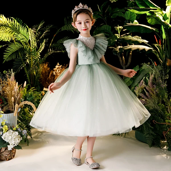 Vintage / Retro Sage Green Birthday Flower Girl Dresses 2020 Ball Gown See-through High Neck Sleeveless Beading Tassel Glitter Tulle Tea-length Ruffle