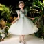 Vintage / Retro Sage Green Birthday Flower Girl Dresses 2020 Ball Gown See-through High Neck Sleeveless Beading Tassel Glitter Tulle Tea-length Ruffle