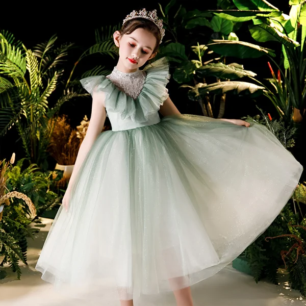 Vintage / Retro Sage Green Birthday Flower Girl Dresses 2020 Ball Gown See-through High Neck Sleeveless Beading Tassel Glitter Tulle Tea-length Ruffle
