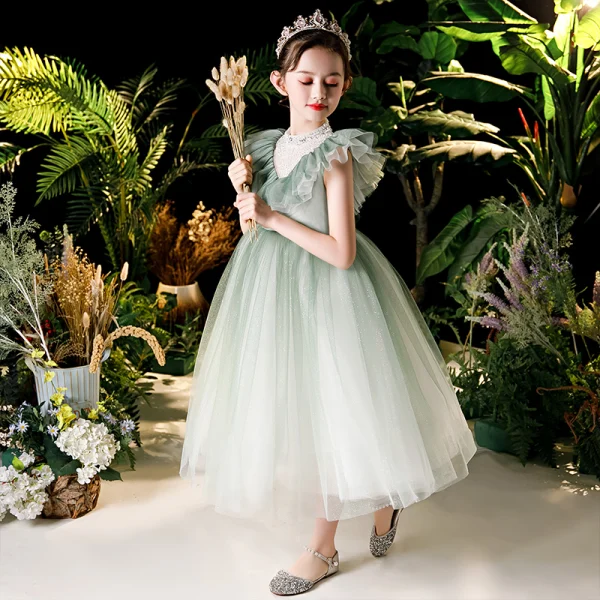 Vintage / Retro Sage Green Birthday Flower Girl Dresses 2020 Ball Gown See-through High Neck Sleeveless Beading Tassel Glitter Tulle Tea-length Ruffle
