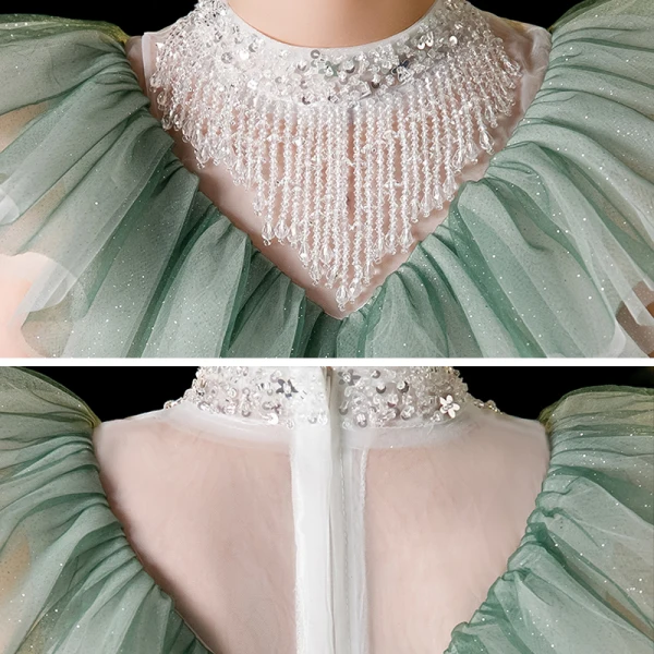 Vintage / Retro Sage Green Birthday Flower Girl Dresses 2020 Ball Gown See-through High Neck Sleeveless Beading Tassel Glitter Tulle Tea-length Ruffle