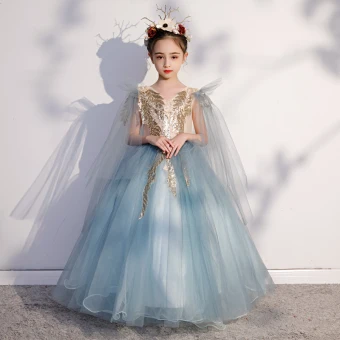 Chic Belle Bleu Ciel Anniversaire Robe Ceremonie Fille 2020 Robe Boule V Cou Sans Manches Dos Nu Appliques Paillettes Longue Volants
