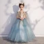 Chic / Beautiful Sky Blue Birthday Flower Girl Dresses 2020 Ball Gown V-Neck Sleeveless Backless Appliques Sequins Floor-Length / Long Ruffle