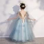 Chic / Beautiful Sky Blue Birthday Flower Girl Dresses 2020 Ball Gown V-Neck Sleeveless Backless Appliques Sequins Floor-Length / Long Ruffle