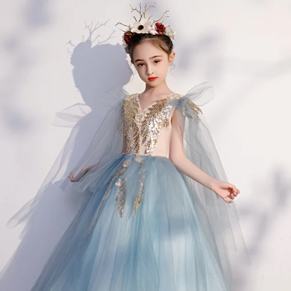 Chic / Beautiful Sky Blue Birthday Flower Girl Dresses 2020 Ball Gown V-Neck Sleeveless Backless Appliques Sequins Floor-Length / Long Ruffle