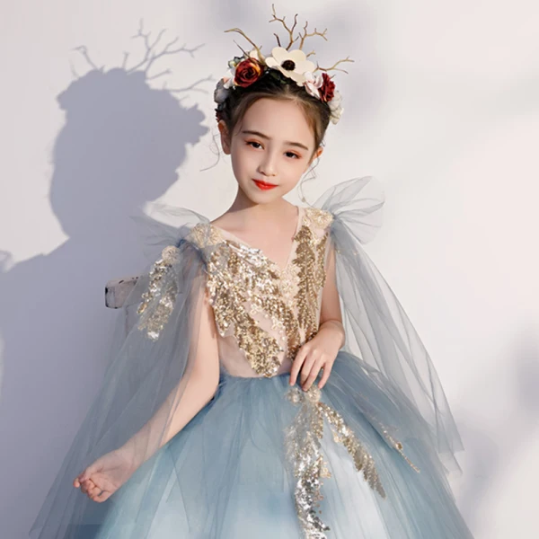 Chic / Beautiful Sky Blue Birthday Flower Girl Dresses 2020 Ball Gown V-Neck Sleeveless Backless Appliques Sequins Floor-Length / Long Ruffle