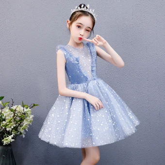 Chic Belle Bleu Ciel Anniversaire Robe Ceremonie Fille 2020 Robe Boule Encolure Dégagée Sans Manches Appliques Étoile Courte Volants