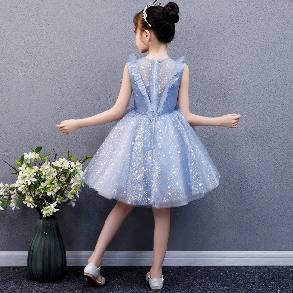 Chic / Beautiful Sky Blue Birthday Flower Girl Dresses 2020 Ball Gown Scoop Neck Sleeveless Appliques Star Short Ruffle