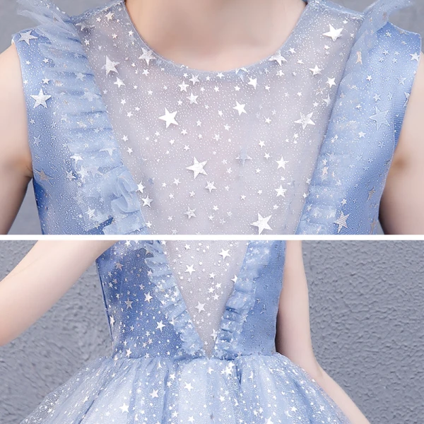 Chic / Beautiful Sky Blue Birthday Flower Girl Dresses 2020 Ball Gown Scoop Neck Sleeveless Appliques Star Short Ruffle