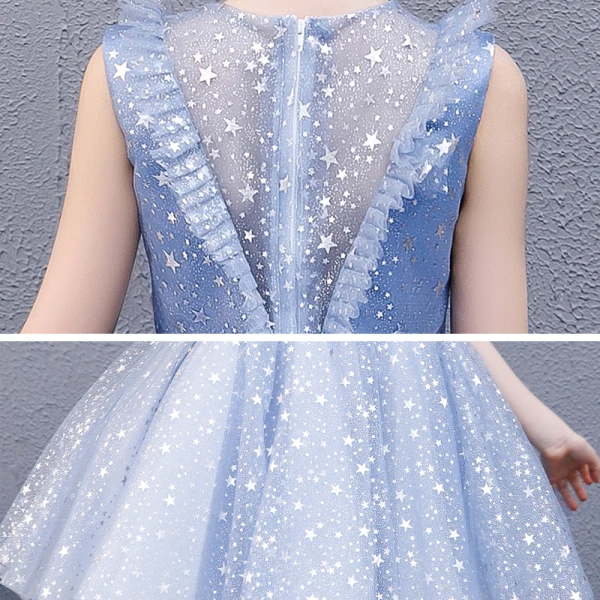 Chic / Beautiful Sky Blue Birthday Flower Girl Dresses 2020 Ball Gown Scoop Neck Sleeveless Appliques Star Short Ruffle