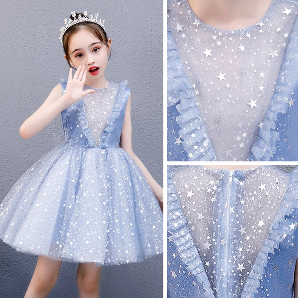 Chic / Beautiful Sky Blue Birthday Flower Girl Dresses 2020 Ball Gown Scoop Neck Sleeveless Appliques Star Short Ruffle