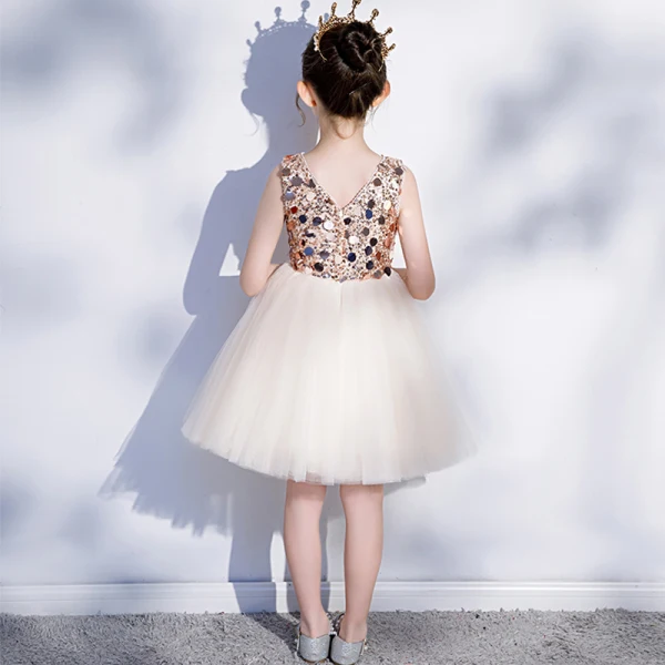 Fashion Champagne Birthday Flower Girl Dresses 2020 Ball Gown V-Neck Sleeveless Backless Sequins Short Ruffle