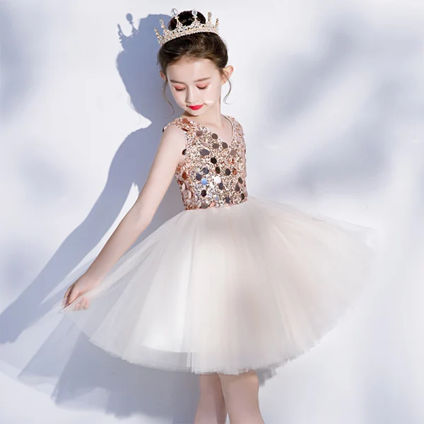 Fashion Champagne Birthday Flower Girl Dresses 2020 Ball Gown V-Neck Sleeveless Backless Sequins Short Ruffle