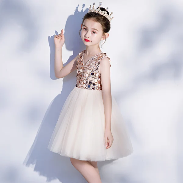 Fashion Champagne Birthday Flower Girl Dresses 2020 Ball Gown V-Neck Sleeveless Backless Sequins Short Ruffle