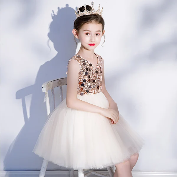 Fashion Champagne Birthday Flower Girl Dresses 2020 Ball Gown V-Neck Sleeveless Backless Sequins Short Ruffle