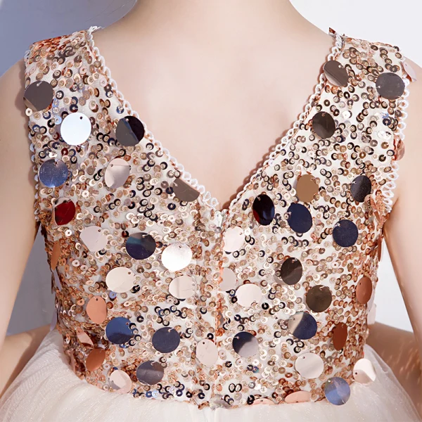 Fashion Champagne Birthday Flower Girl Dresses 2020 Ball Gown V-Neck Sleeveless Backless Sequins Short Ruffle