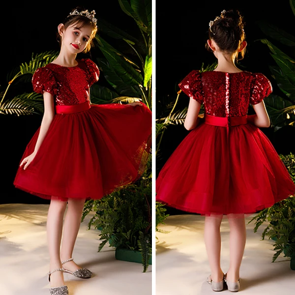 Victorian Style Red Flower Girl Dresses 2020 Ball Gown Scoop Neck Puffy Short Sleeve Sequins Sash Short Ruffle