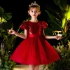 Victorian Style Red Flower Girl Dresses 2020 Ball Gown Scoop Neck Puffy Short Sleeve Sequins Sash Short Ruffle