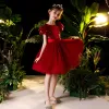 Victorian Style Red Flower Girl Dresses 2020 Ball Gown Scoop Neck Puffy Short Sleeve Sequins Sash Short Ruffle
