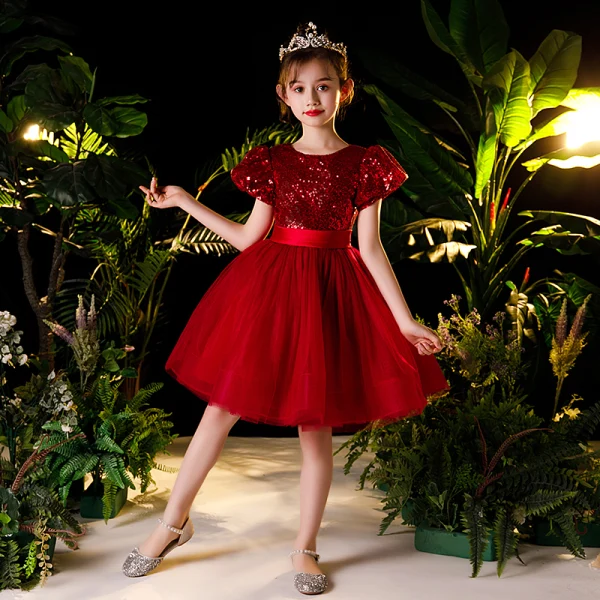 Victorian Style Red Flower Girl Dresses 2020 Ball Gown Scoop Neck Puffy Short Sleeve Sequins Sash Short Ruffle