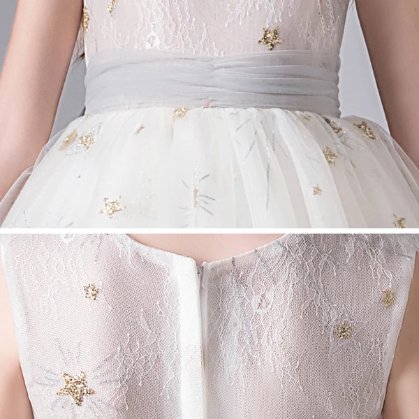 Chic / Beautiful White Flower Girl Dresses 2020 Ball Gown Scoop Neck Sleeveless Sash Sequins Glitter Tulle Floor-Length / Long Ruffle