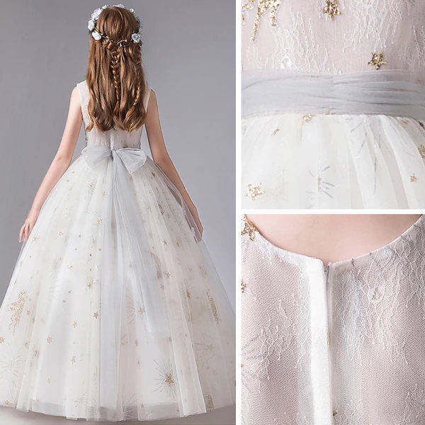 Chic / Beautiful White Flower Girl Dresses 2020 Ball Gown Scoop Neck Sleeveless Sash Sequins Glitter Tulle Floor-Length / Long Ruffle