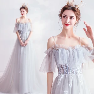 Chic Belle Bleu Ciel Robe De Soirée 2020 Princesse Bretelles Spaghetti Manches Courtes Appliques En Dentelle Perlage Train De Balayage Volants Dos Nu Robe De Ceremonie