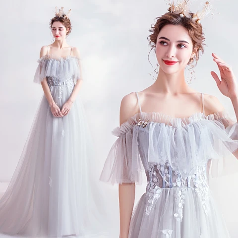 Chic / Beautiful Sky Blue Evening Dresses  2020 A-Line / Princess Spaghetti Straps Short Sleeve Appliques Lace Beading Sweep Train Ruffle Backless Formal Dresses