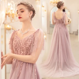 Romantic Blushing Pink Evening Dresses 2020 A Line Princess Spaghetti Straps Sleeveless Appliques Lace Beading Sweep Train Ruffle Backless Formal Dresses
