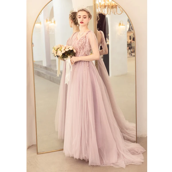 Romantisch Rosa Abendkleider 2020 A Linie Spaghettiträger Ärmellos Applikationen Spitze Perlenstickerei Sweep / Pinsel Zug Rüschen Rückenfreies Festliche Kleider