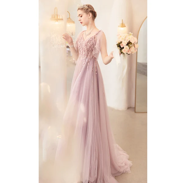 Romantisch Rosa Abendkleider 2020 A Linie Spaghettiträger Ärmellos Applikationen Spitze Perlenstickerei Sweep / Pinsel Zug Rüschen Rückenfreies Festliche Kleider