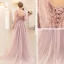 Romantisch Rosa Abendkleider 2020 A Linie Spaghettiträger Ärmellos Applikationen Spitze Perlenstickerei Sweep / Pinsel Zug Rüschen Rückenfreies Festliche Kleider