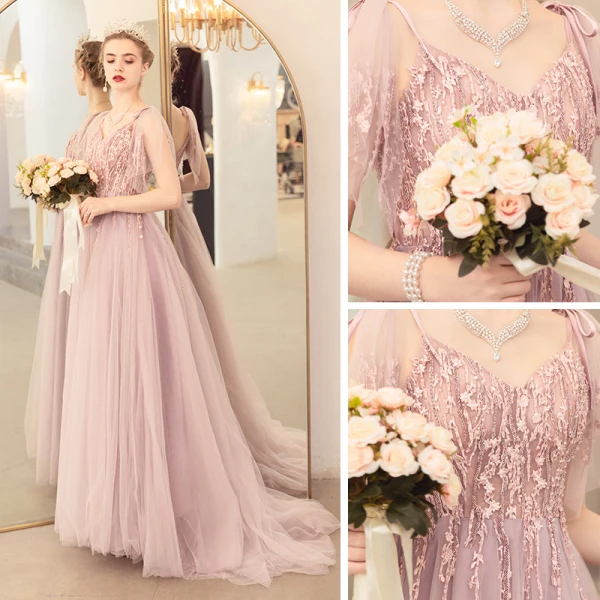 Romantisch Rosa Abendkleider 2020 A Linie Spaghettiträger Ärmellos Applikationen Spitze Perlenstickerei Sweep / Pinsel Zug Rüschen Rückenfreies Festliche Kleider