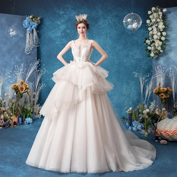 Affordable White Bridal Wedding Dresses 2020 Ball Gown Shoulders Sleeveless Backless Appliques Lace Glitter Tulle Court Train Ruffle