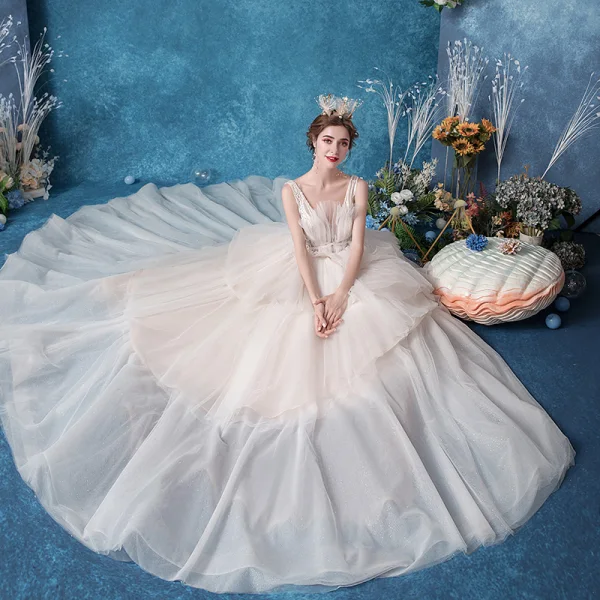 Affordable White Bridal Wedding Dresses 2020 Ball Gown Shoulders Sleeveless Backless Appliques Lace Glitter Tulle Court Train Ruffle