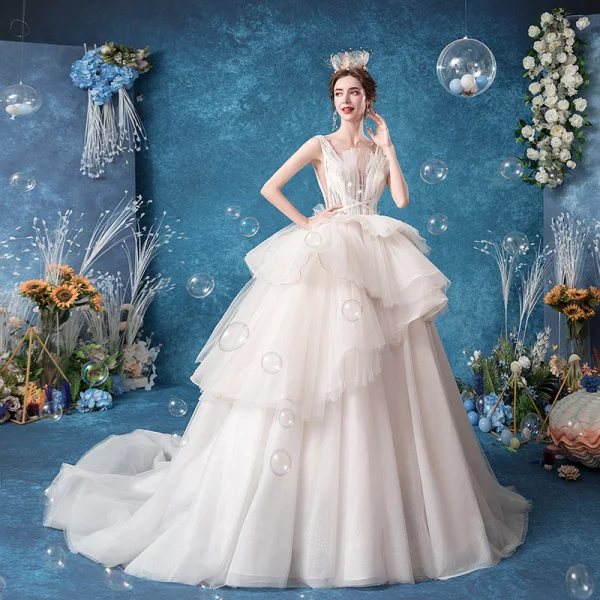 Affordable White Bridal Wedding Dresses 2020 Ball Gown Shoulders Sleeveless Backless Appliques Lace Glitter Tulle Court Train Ruffle