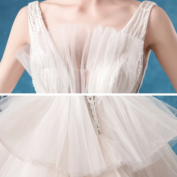 Affordable White Bridal Wedding Dresses 2020 Ball Gown Shoulders Sleeveless Backless Appliques Lace Glitter Tulle Court Train Ruffle