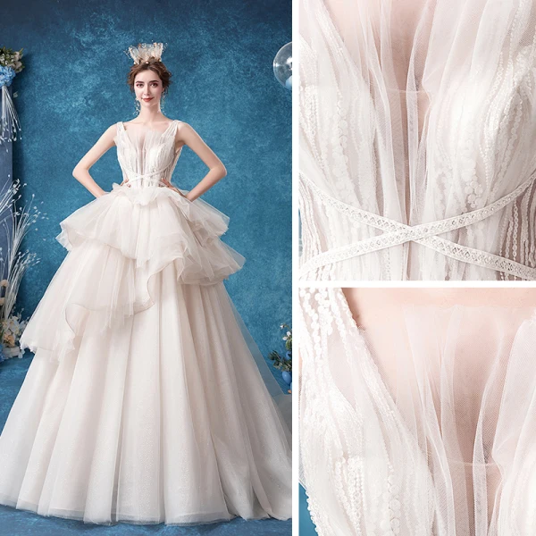 Affordable White Bridal Wedding Dresses 2020 Ball Gown Shoulders Sleeveless Backless Appliques Lace Glitter Tulle Court Train Ruffle