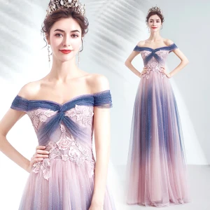 Elegant Mørk Marineblå Gradient Farge Rødmende Rosa Selskapskjoler 2020 Prinsesse Av Skulderen Korte Ermer Appliques Blonder Beading Glitter Tyll Lange Buste Ryggløse Formelle Kjoler