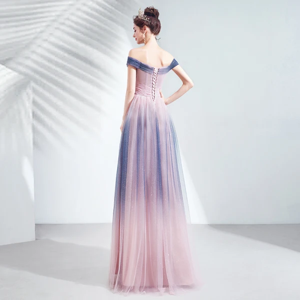 Elegant Navy Blue Gradient-Color Blushing Pink Evening Dresses 2020 A-Line / Princess Off-The-Shoulder Short Sleeve Appliques Lace Beading Glitter Tulle Floor-Length / Long Ruffle Backless Formal Dresses