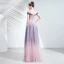 Elegant Navy Blue Gradient-Color Blushing Pink Evening Dresses  2020 A-Line / Princess Off-The-Shoulder Short Sleeve Appliques Lace Beading Glitter Tulle Floor-Length / Long Ruffle Backless Formal Dresses