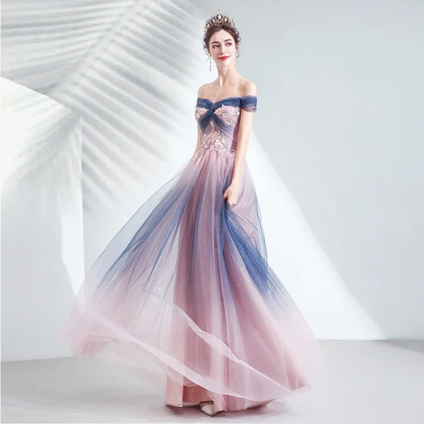 Elegant Navy Blue Gradient-Color Blushing Pink Evening Dresses 2020 A-Line / Princess Off-The-Shoulder Short Sleeve Appliques Lace Beading Glitter Tulle Floor-Length / Long Ruffle Backless Formal Dresses